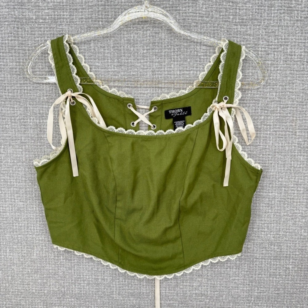 Thorn & Fable Corset Top Women L Green Lace Trim Ren Fair Fairy Whimsigoth